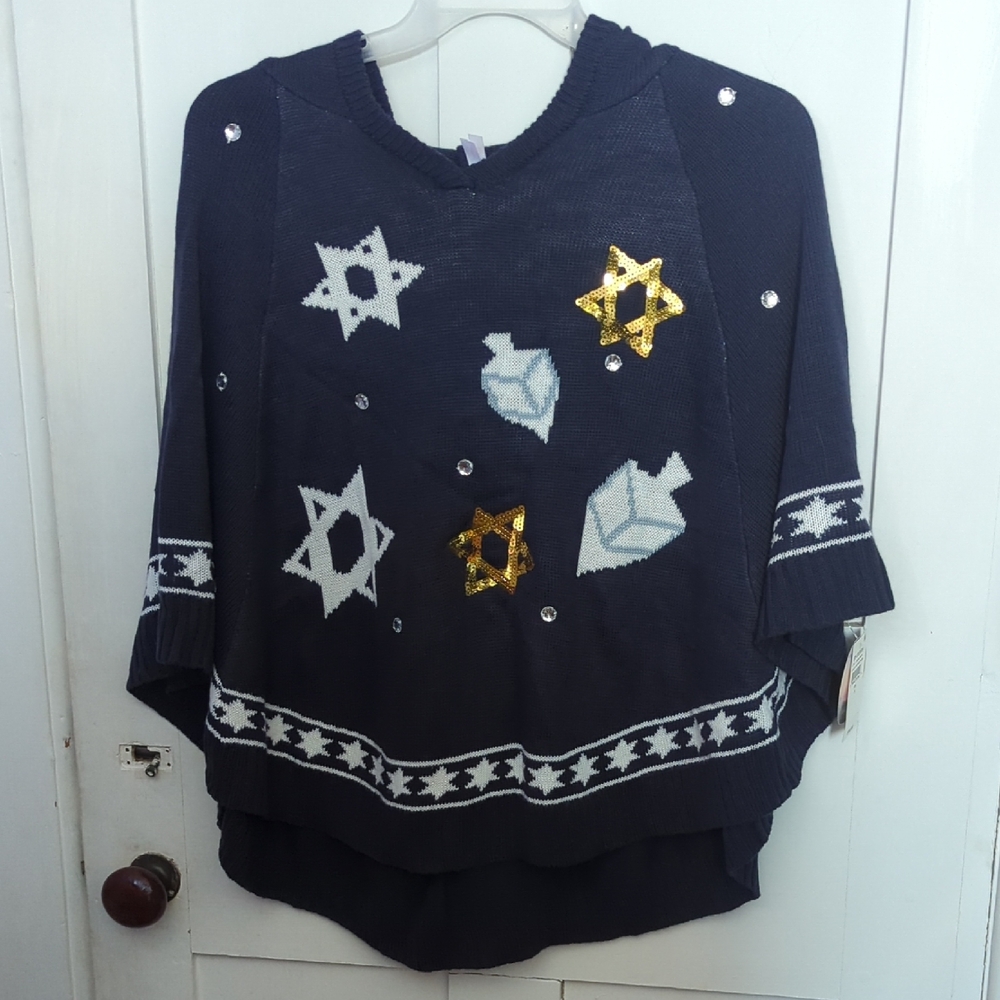 Love by Design Navy Blue Mazel Tov Hooded Chanukah Poncho. NWT.